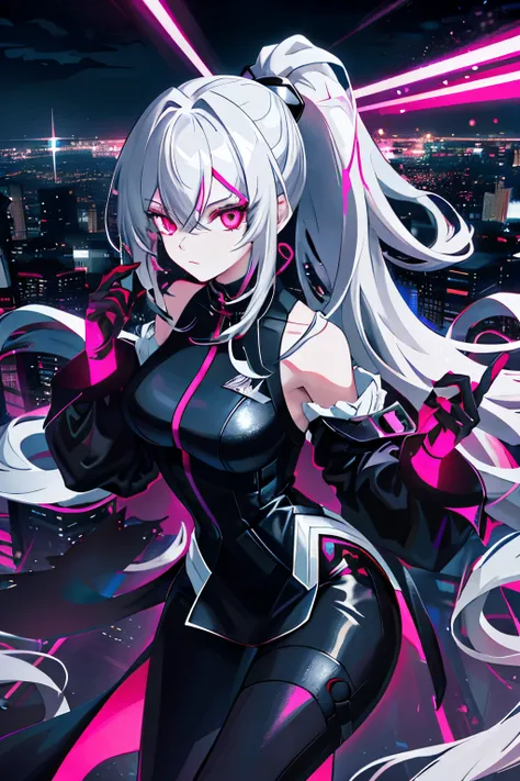 Anime artwork at its best quality, showcasing an ultra-detailed and high contrast masterpiece, features 1 woman of Brazilian descent. She stands alone on the edge of a skyscraper, with her silver hair flowing long in a ponytail and her mesmerizing red eyes...