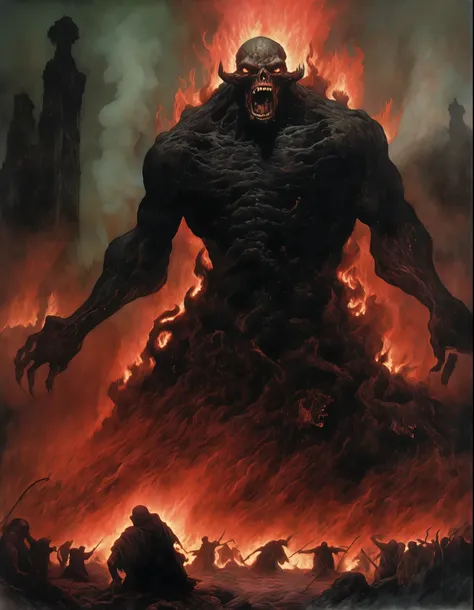 dark theme painting of a horrific setting of demon dancing on the damned as they burn in eternal hell fire in the style of Zdzislaw Beksinski, the fires of hell a with people moaning in pain in the background, dreamy and ethereal, expressive poses, big bla...