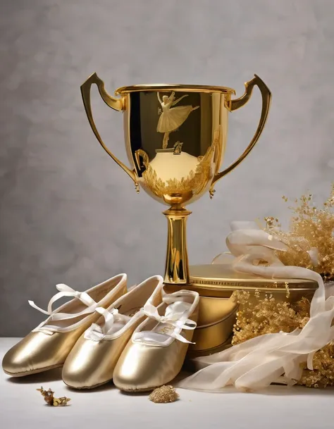 A huge golden trophy with engraved text,A small mountain of worn-out white ballet shoes,A photo of a ballet dancer