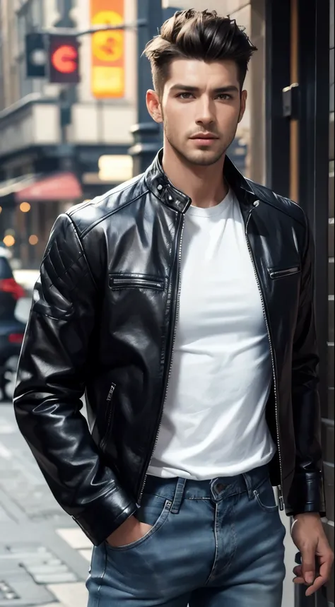 Black leather jacket,Casual and stylish,Frontal view,hyperrealism photography,commerciaphotography,Hyper-realistic,hyper HD, handsome, white shirt, denim pants, masterpiece, best quality,