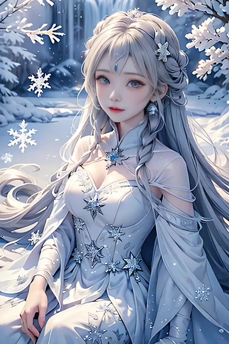 wood, Exquisite mini ice spikes and crystals, A frozen waterfall in the background, Light reflected by ice crystals, Flowing snowflakes.Beautiful woman、Gray Hair、pretty girl,2.5D illustration,