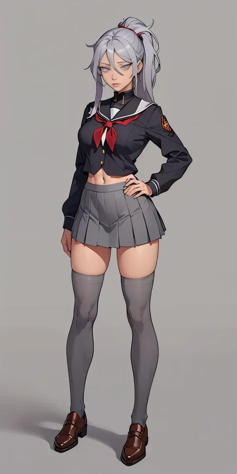 ((Masterpiece, plain background,1:2, masterpiece)) full body standing catolic SCHOOL GIRL UNIFORM, BROWN SHOES, hands on waist, navel, (Vladilena Milize) (grey eyes:1.5), grey hair, hair between eyes, long hair, hair ponytail