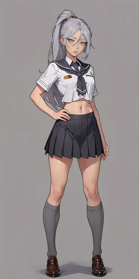 ((Masterpiece, plain background,1:2, masterpiece)) full body standing catolic SCHOOL GIRL UNIFORM, BROWN SHOES, hands on waist, navel, (Vladilena Milize) (grey eyes:1.5), grey hair, hair between eyes, long hair, hair ponytail