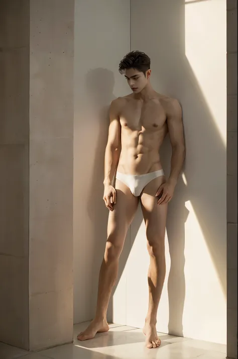 Art photography, full body shot, A handsome young topless man in a simple cement space, Mirrors and glass reflect the natural light shining from the outdoors, light beams reflected on the skin of man, light spot