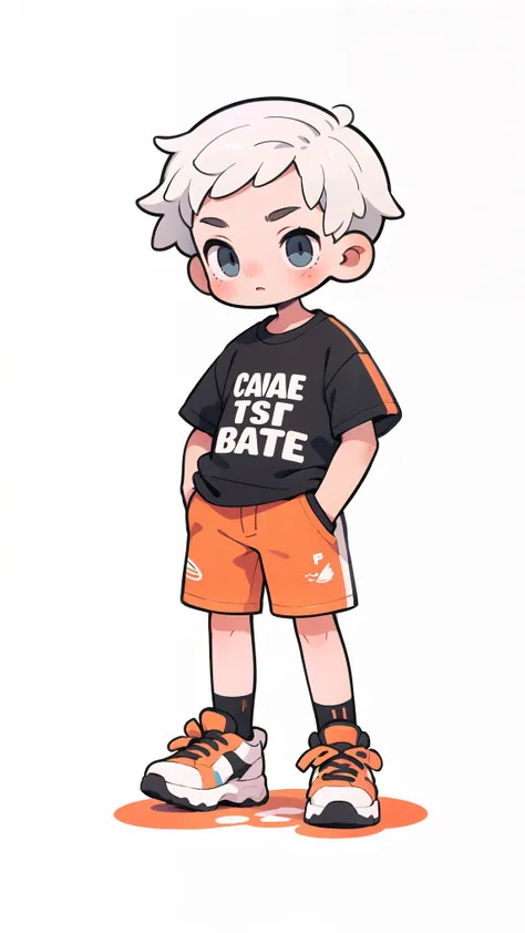 A boy with short white hair, black T-shirt, orange shorts, white sneakers, hands in pockets, white background, graffiti on the background,simple details, masterpiece,high quality,