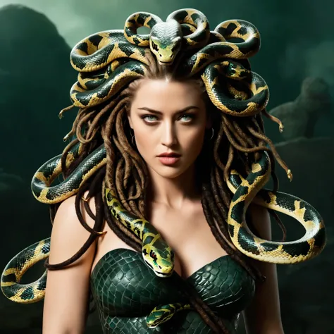 Looks like Amber Heard, thick figure, fleshy body, fierce looks, fiery and glowing eyes, erotic, Dark Fantasy Art of Medusa a woman with snake dreads holding a snake In Greek mythology, Medusa, also called Gorgo, a human female with living venomous snake...