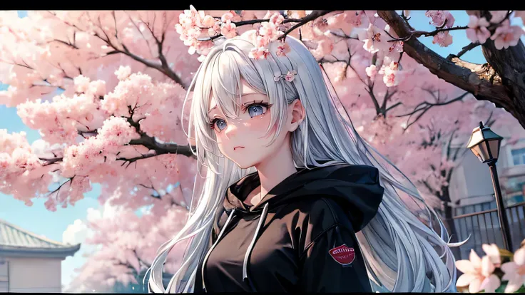 (oil, masterpiece, highest quality, Super detailed, Focus on the characters), woman,Black hoodie,Sad expression,Crying face,Watery eye,Long white hair,Spring Tree Leakage Sun,Detailed hair depiction,Detailed depiction down to the tips of the hair,([return:...