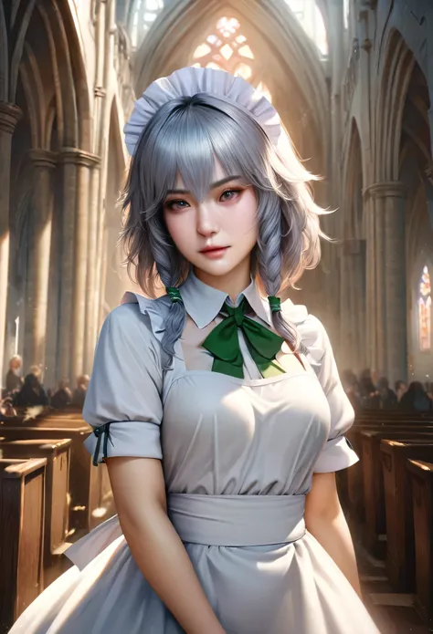 animetoreal,soft light, masterpiece, best quality,high quality,delicate face, realistic,photorealistic,1girl,,izayoi sakuya, touhou, solo, maid headdress, maid, apron, short sleeves, dress,church,cathedral