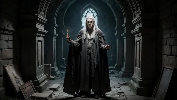 An ancient vampire emerging from a stone sarcophagus in an old, forgotten crypt. He has long, white hair and wears tattered, decayed robes from centuries past. His skin is pale and almost translucent, and his eyes glow with an otherworldly light. The crypt...