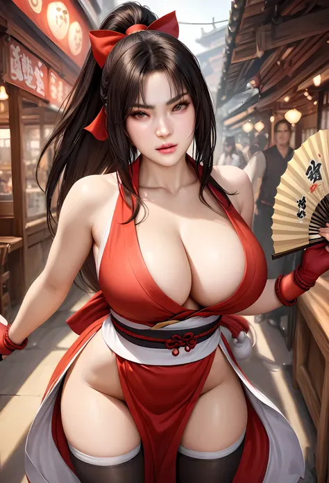 animetoreal,soft light, masterpiece, best quality,high quality,delicate face, realistic,photorealistic,1girl,,shiranui mai(Fatal Fury), shiranui_mai, fatal_fury, the_king_of_fighters, arm_guards, bare_shoulders, black_hair, breasts, brown_eyes, cleavage, c...