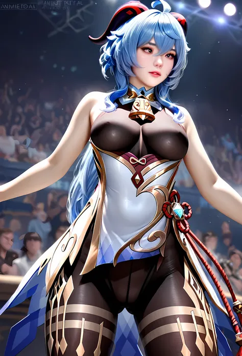 animetoreal,soft light, masterpiece, best quality,high quality,delicate face, realistic,photorealistic,1girl,,ganyu,ganyu(genshin impact), horns, black body-stockings,white clothes, short blue hair,  breasts , black eyes,,on stage