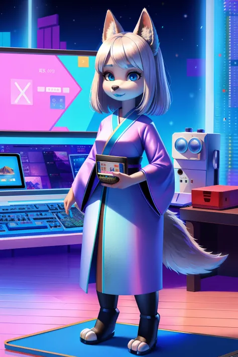 1 girl, solo, android, wolf anthro, standing, empty eyes, Silver hair, blue lipstick, Japanese dress, 3d pixar, computer numbers background