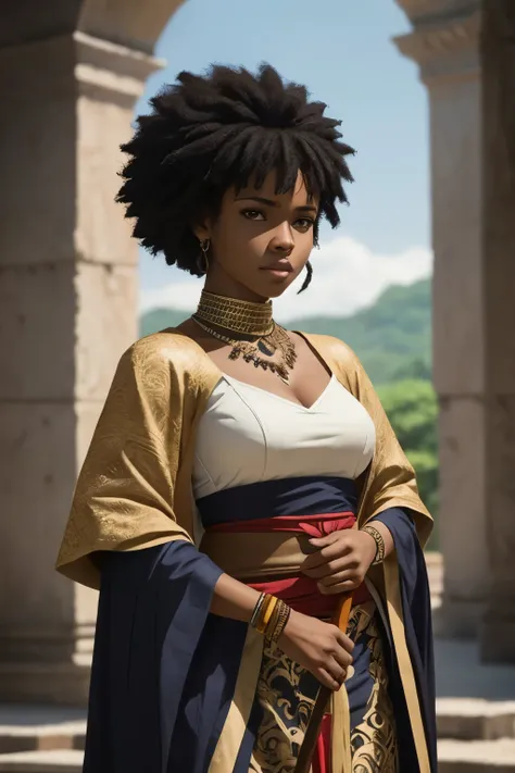 
crie uma imagem no estilo anime, de uma personagem feminina, parda e com cabelos negros que preserva o arquetipo da deusa afrodite