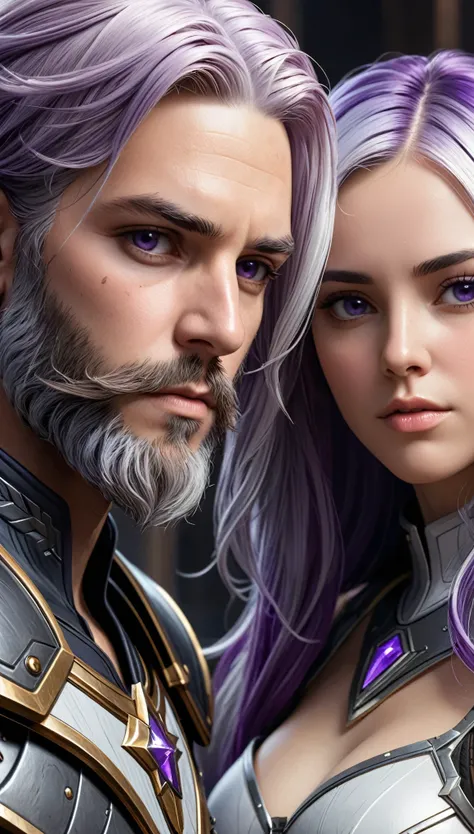 a close up of a person with a beard and a woman with long white purple gradient hair, unreal 5. woman is indifferent,kind, man has scar on face, both wearing detailed armor, sci-fi Cryptic Star,, rpg portrait, epic fantasy art style hd, medieval fantasy ga...