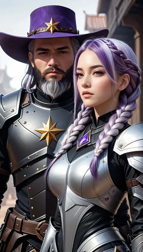 there is a man and a woman dressed in armor and hats, woman has long white purple gradient hair in a braid, man has black haie and beard, both wearing detailed armor, sci-fi Cryptic Star, concept art by Arthur Pan, Artstation, fantasy art, artgerm ; 3d unr...