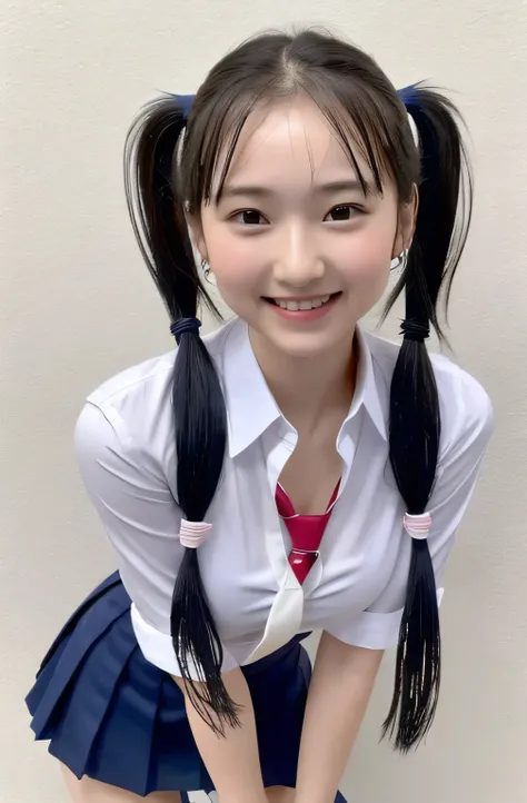 ((Ultra-high resolution)),8K,17 years old、Small breasts, , Twin tails,  Red mini skirt, Navy blue tie、white shirt with open front、、Small cleavage 2:1,Idol Sculpture, Wet, smile、Pink wall、sexy、slender、Shapely small breasts、I can see your thighs、