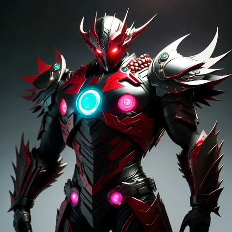 best quality)), ((masterpiece)), (detailed), perfect face, Black And Crystalline, Hydra Kamen Rider, City background, Single person, Sleek Hydra Armor, Full Body, Hydra Base, Kamen Rider, 1 male, Multiple demonic eyes Armor, DnD Beholder Design, each eye c...