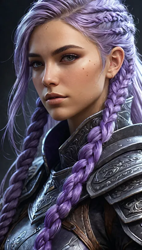 a close up of a person with a beard and a cryptic girl with very long white purple gradient hair in braid, unreal 5. woman is indifferent,kind, man has scar on face, both wearing detailed armor, sci-fi Cryptic Star,, rpg portrait, epic fantasy art style hd...