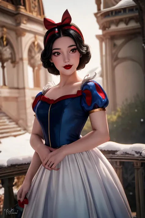 snow white,
(highest quality, masterpiece, RAW Photos,Very detailed:1.2), One girl,alone,View your viewers, smile, Black Hair, dress, bow, Brown eyes, hair bow, hair band, Puffy sleeves, sign, red bow, eyelash, compensate, blue dress, lipstick, red hair ba...