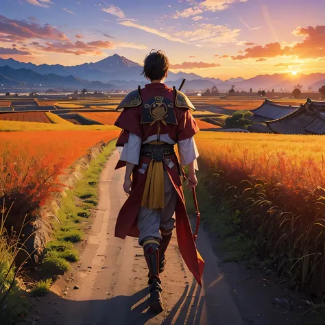 "A lone samurai dressed in traditional red armor is walking down a dirt path through vast, golden rice fields under a vibrant yellow sky at sunset. The distant mountains are shaded in cool blues and purples, creating a serene and picturesque landscape."