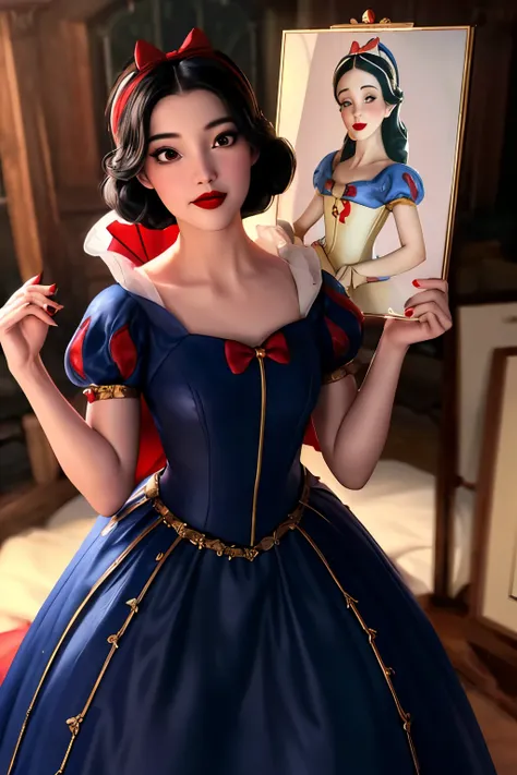 snow white,
(highest quality, masterpiece, RAW Photos,Very detailed:1.2), One girl,alone,View your viewers, smile, Black Hair, dress, bow, Brown eyes, hair bow, hair band, Puffy sleeves, sign, red bow, eyelash, compensate, blue dress, lipstick, red hair ba...