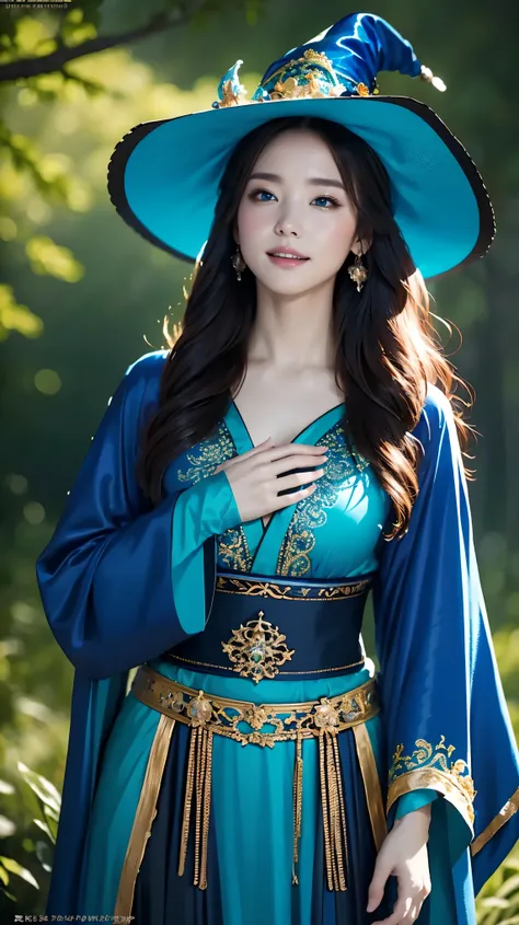 highest quality,High resolution,(Realistic:1.37),Digital Painting,magician,Beautiful fine details,Beautiful lip detail,Long hair blowing in the wind,Magical forest background,Mysterious atmosphere,Vibrant colors,Dark and mysterious lighting,Magic spells,Gl...