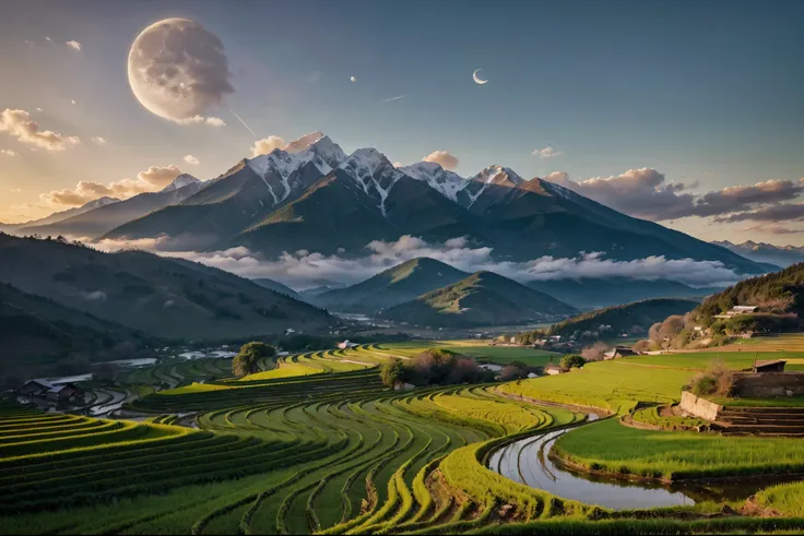 Lots of high mountains background, lots of clouds, winter, soft sunlight, morning moon with beautiful rice fields, meadows, lakes wallpapers, high-detail realistic 8k full HD.