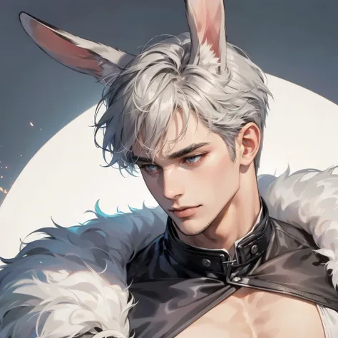 1man,handsome men,rabbit ear,muscular,gray hair,fur coat