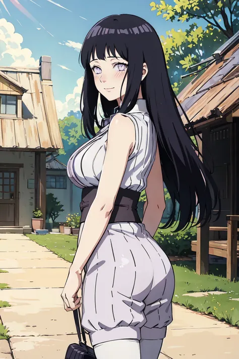 (((masterpiece))), hinatahyuga, blush, smile, 1girl, solo, long hair, looking at viewer, large breasts, black hair, purple eyes,...