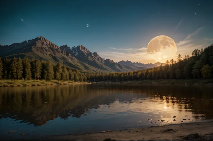 Aurora moon night background with beautiful lake wallpaper, high detailed realistic 8k full HD.