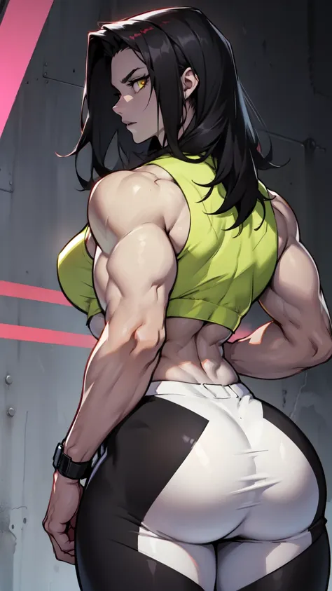 pale skin black hair yellow eyes muscular woman huge ass