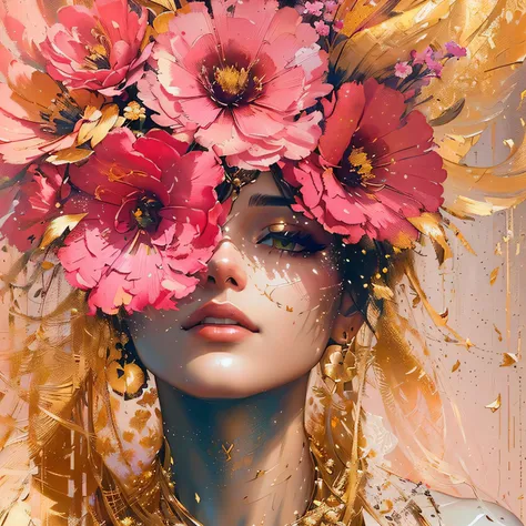 painting of a woman with flowers in her hair and a gold background, trending artistic art, wadim kashin. ultra realistic, beautiful artwork, flowers and gold, by Tommaso Dolabella, style of karol bak, diego dayer, very wow, by derek zabrocki, gorgeous art,...