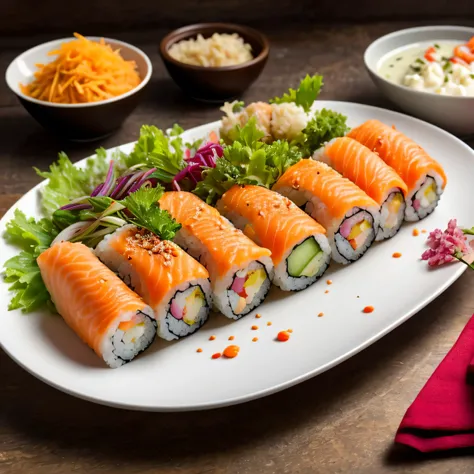 captura una imagen fotorrealista en primer plano de un plato gourmet de sushi, focusing mainly on a variety of sushi rolls, pres...