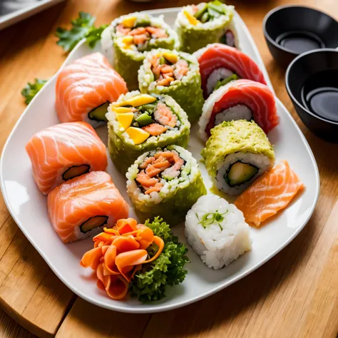 captura una imagen fotorrealista en primer plano de un plato gourmet de sushi, focusing mainly on a variety of sushi rolls, pres...