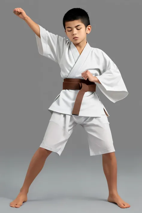 Young boy model, wears white soft knee length kimono indonesian shorinji kempo, wears karate brown belt, 13 year old boy, wears briefs, brown skin, practicing technique meditation , there was a bruished on his leg , indonesian ethnicity, indonesian face, b...