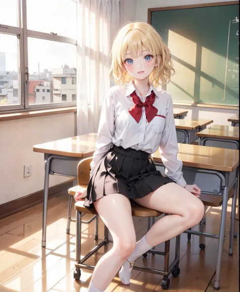 Dynamic posing, dynamic angle, Arrange pose,Top quality work，Show Legs，((short wavy Creamy Golden Blonde hair)),(Creamy Blonde hair),(short hair),(wavy hair),(golden eyes), ( 16 years old), lovely red lips, Rose cheeks, Pretty Face, A perfectly proportione...