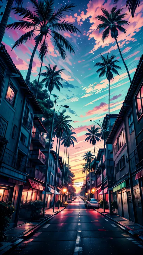 This image features a view from the driver’s perspective on a Beverly hills road lined with tall palm trees under an extraordinarily vibrant and surreal sky. The sky is a magnificent display of pink and purple hues, interspersed with what looks like a star...