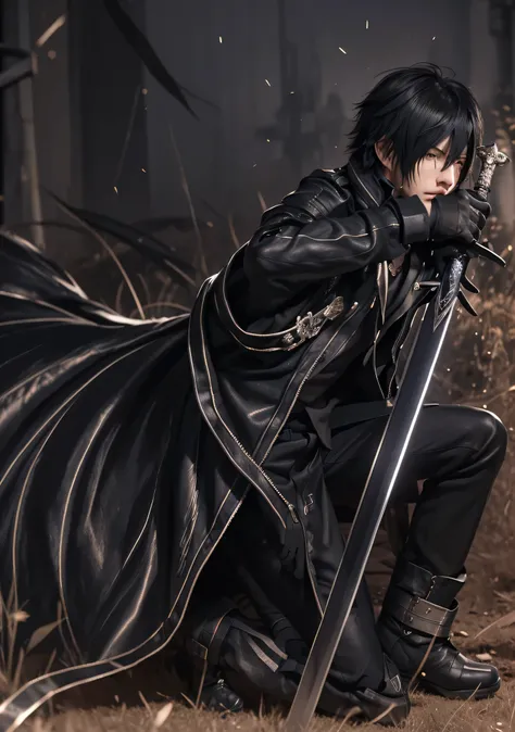 ((vindictive)), UHD ((spoiteful)),photorealistic, realistic skin,An alluring portrayal of a boy with an emo aestheticand Kirito (Kazuto Kirigaya) from SAO bring long black and blue swords on back, highlighting his gorgeous face against a dark backdrop. His...