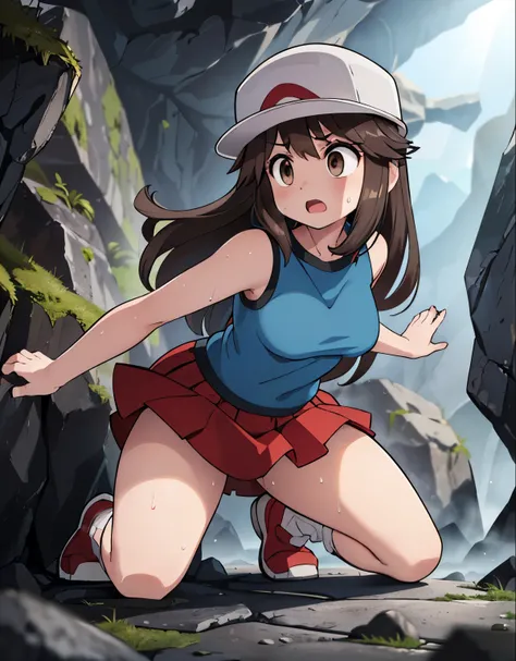 (best quality,4k,highres),(realistic:1.37),(dark,moody:0.9),(intense,high-contrast:1.1),(dramatic lighting,shadowysterious atmosphere), lf, red skirt, blue shirt, sleeveless, white hat, visible thighs, red skirt, brown eyes, loose socks, white footwear...