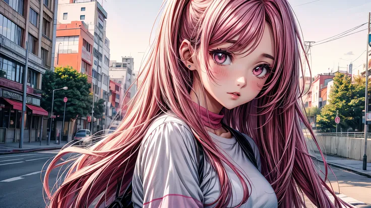 Una chica anime, hermosa, cabello rosado, ojos celestes, ojos hermosos y definidos, vestimenta rosada moderna, en ciudad de fondo, hermoso, graficos muy detallados, arte estilo moderno
