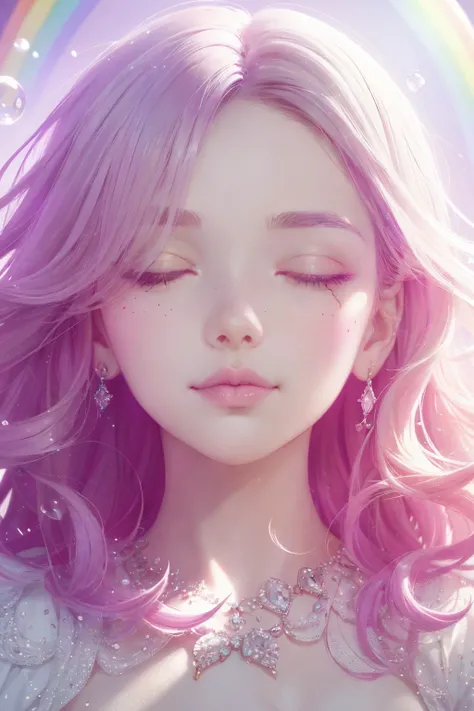 (This is a beautiful rainbow fantasy image that feels interesting and emphasizes glitter and iridescence.) Generate a ((blind)) curvy woman with colorful curly hair and milky white eyes. Her face is important and is perfectly formed with puffy lips and per...