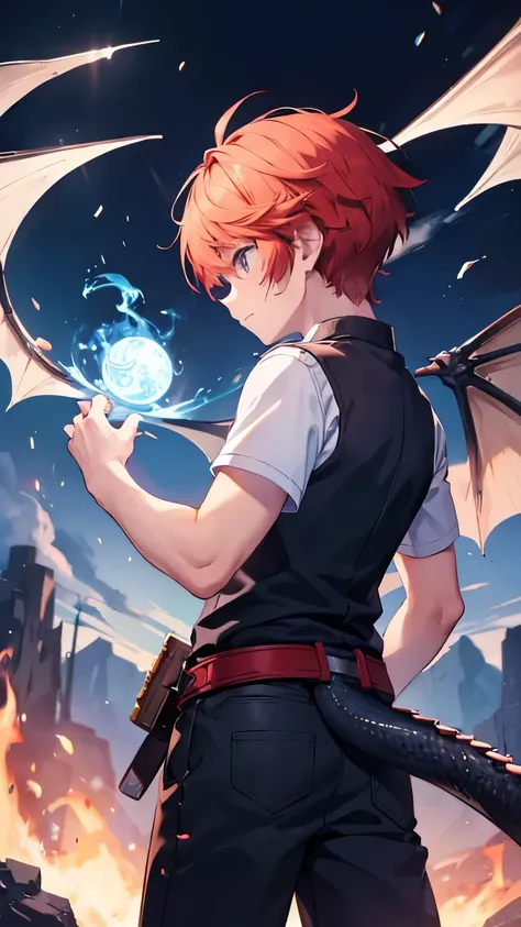 boy Kid with Dragon arm and Fire magic back side