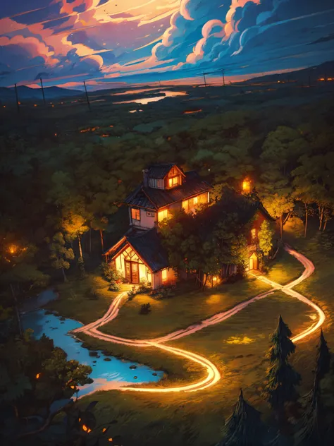 aerial view, hut by the river, night time, fireflies, moolight falling on river, boat, reflection, starry sky, norway, beautiful moody weather, illustration, fantasy landscape, vibrant tones, shining clouds, thick lines, cozy tones, beautiful sky, ghibli s...