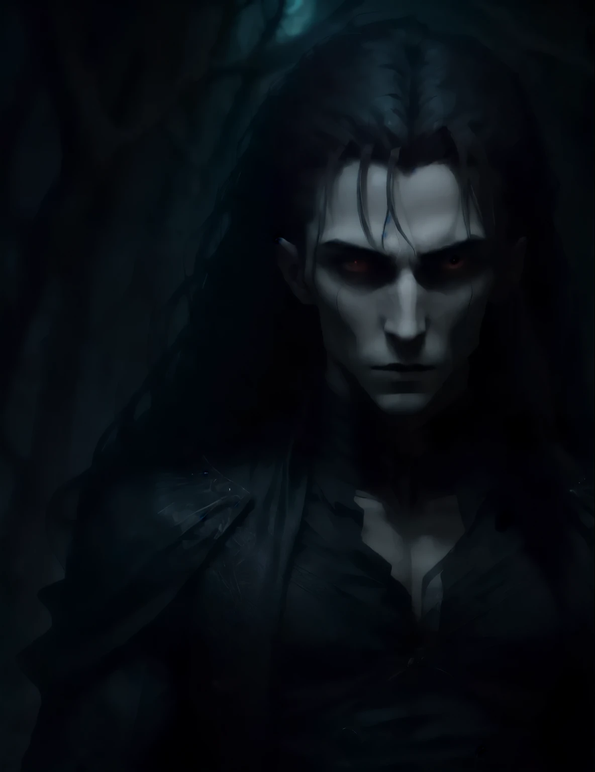 Create an cinematic image of a handsome vampire who has just woken up from a deep sleep，A vampire should be depicted as an elegant and powerful creature，He has long, flowing hair and angular features，Their skin should be pale and flawless，With a touch of o...