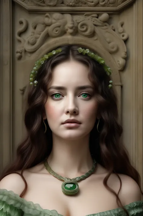 High clarity eyes, green eye lens, highly detailed, flawless, "Imagine a captivating portrayal of the infamous Medusa from Greek and Roman mythology. Craft an image that combines her ethereal beauty with her tragic curse – a serpent-haired Gorgon whose gaz...