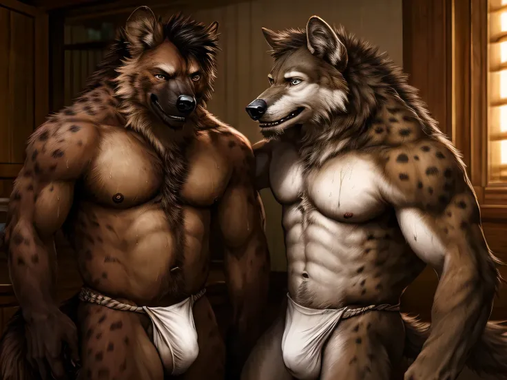 (two male) male wolf, only fundoshi, sweating, realistic, smile. male hyena. only fundoshi, sweating, realistic, smile,  big bulge, 