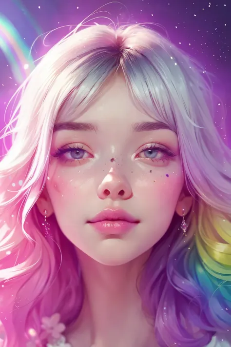 (This is a beautiful rainbow fantasy image that feels interesting and emphasizes glitter and iridescence.) Generate a ((blind)) curvy woman with colorful curly hair and milky white eyes. Her face is important and is perfectly formed with puffy lips and per...