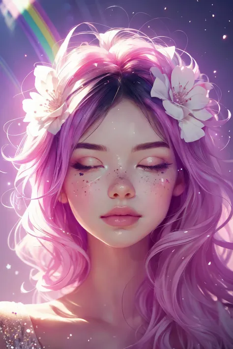 (This is a beautiful rainbow fantasy image that feels interesting and emphasizes glitter and iridescence.) Generate a ((blind)) curvy woman with colorful curly hair and milky white eyes. Her face is important and is perfectly formed with puffy lips and per...