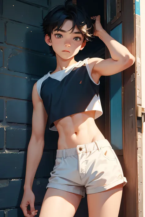 teen boy 14 years old, boy wears a crop top and too very short shorts,