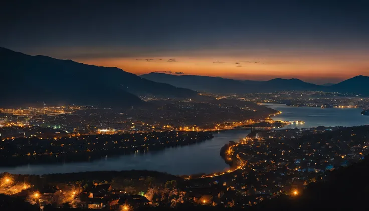 night city view from buttom , city near to lake, behing city hills, cloudy sky with stars and some clouds, deep colors, landscape,